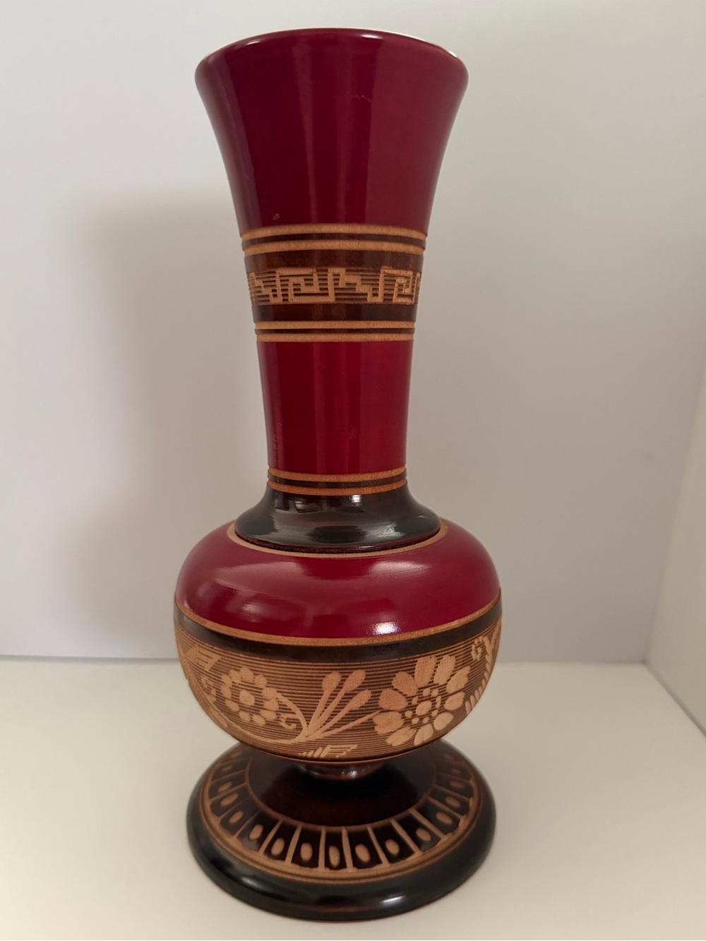 Mexican Vintage Red Hand Carved Wooden Decorative Floral Accent Vase